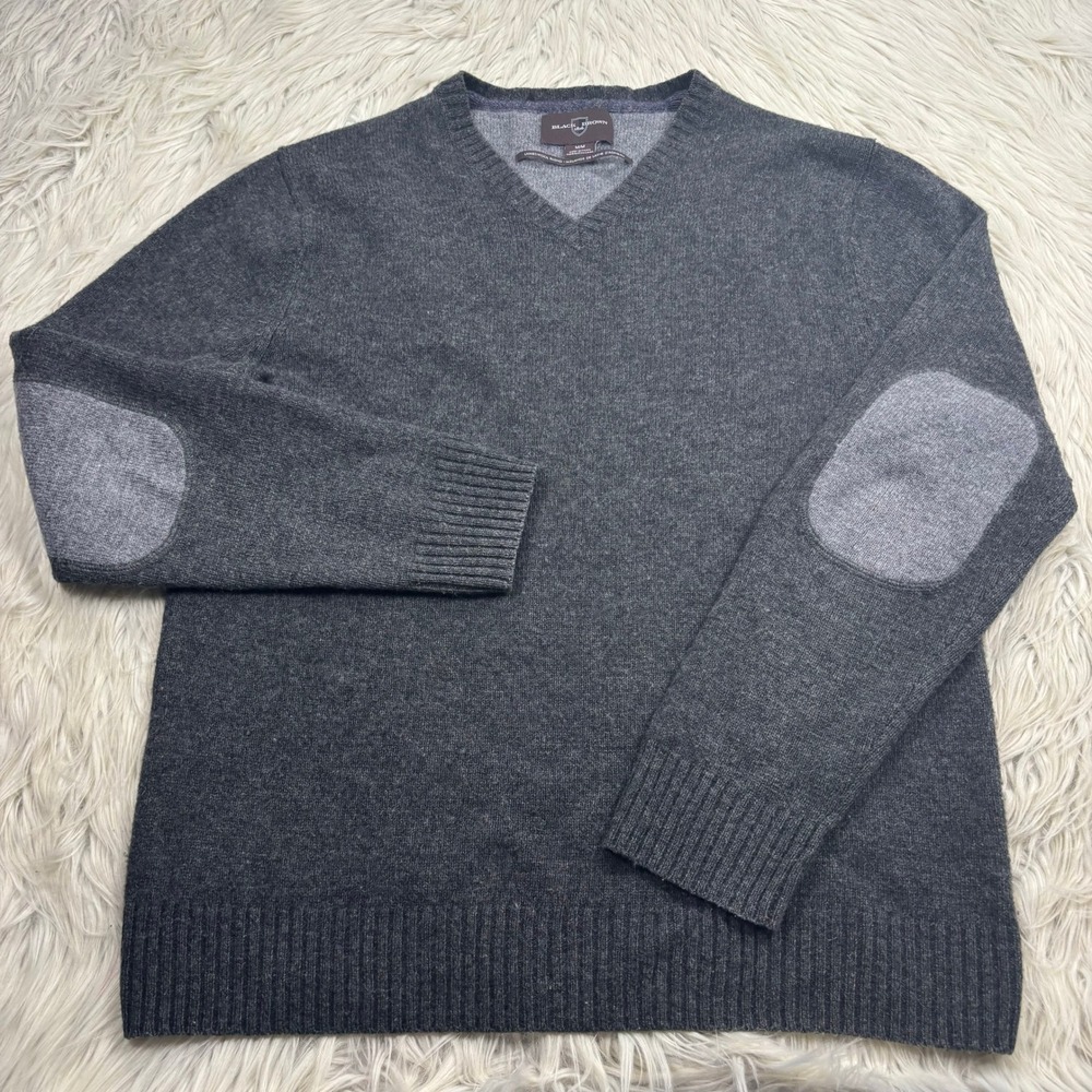 Black Brown 1826 Men's M Gray High V-Neck Wool Blend Sweater Elbow Pads Preppy